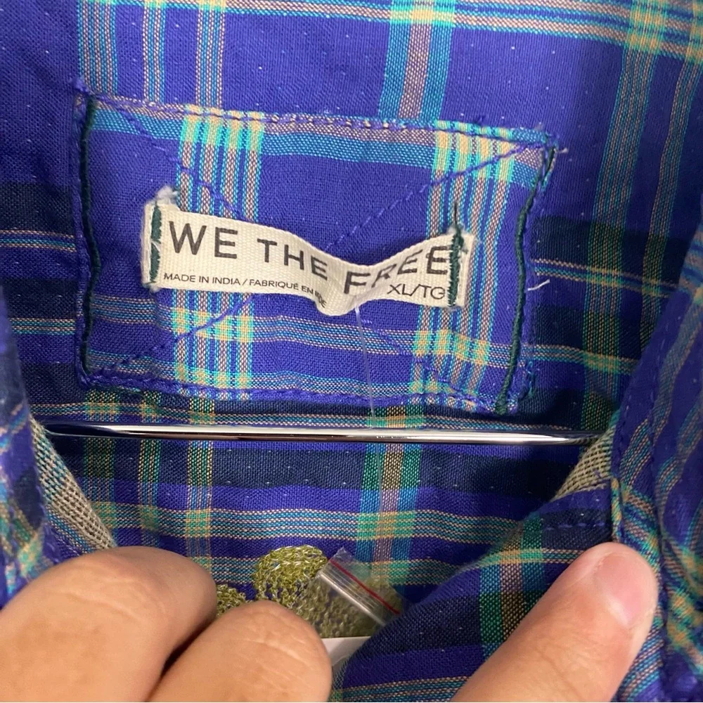Free People Embroidered Sashiko Shirt Plaid Floral Oversized XL‎ Blue Purple